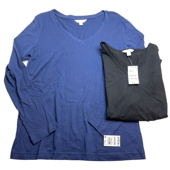 Charter Club Intimates V-Neck Long Sleeve Pajama Tops Navy & Black Bundle Medium - Picture 1 of 9